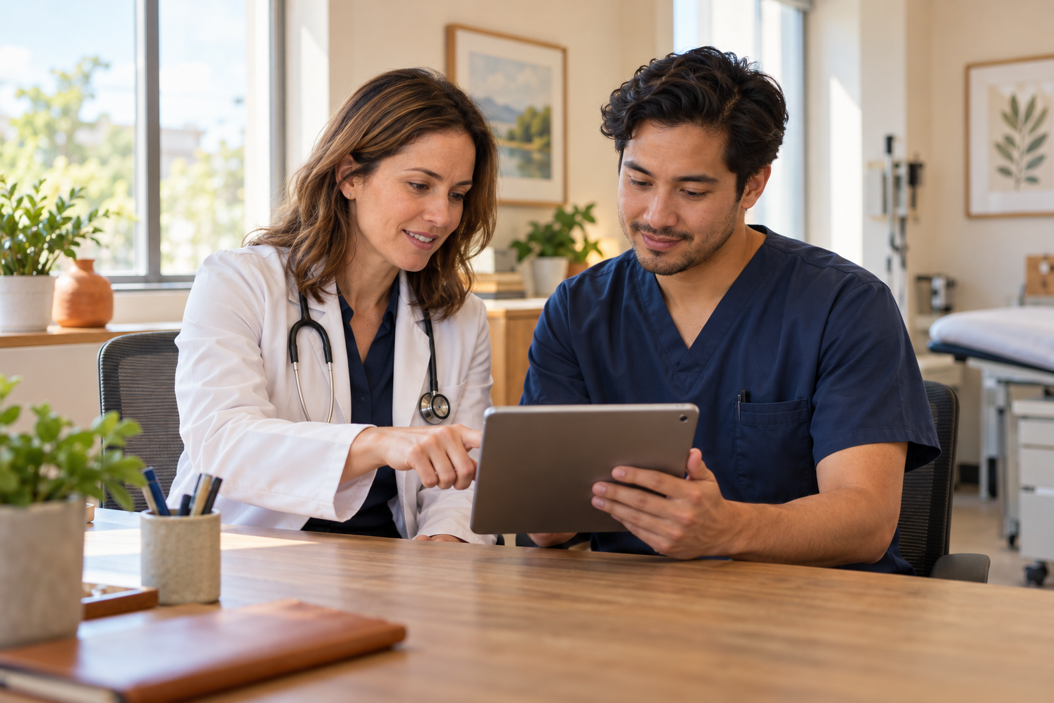 Two clinical colleagues learning together on a tablet in a clinic